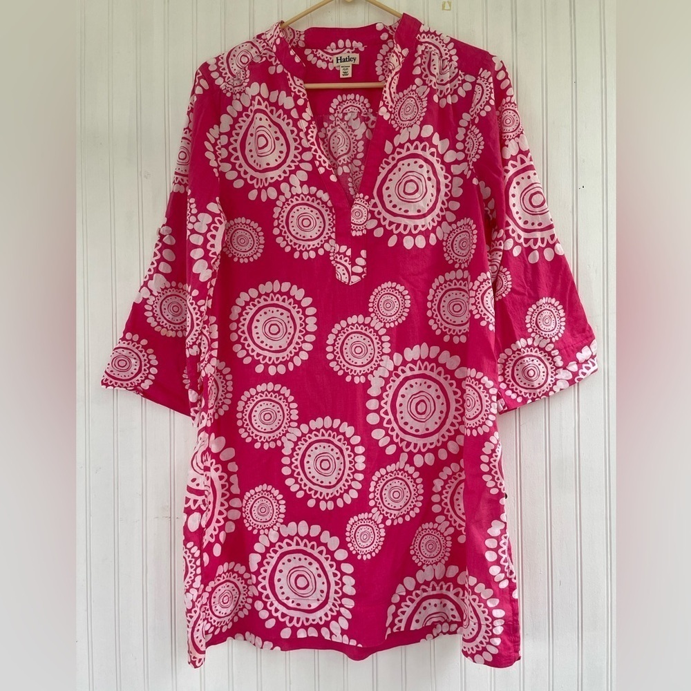 Hatley Women's Pink White V neck Paisley Long Sleeve Tunic Cover Up Size Medium - Picture 1 of 12